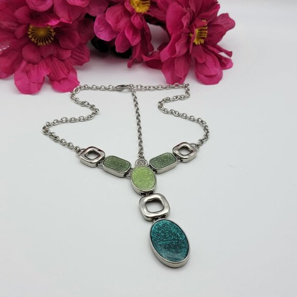 Napier Silver Tone Green Enamel Y-Drop Necklace Faux-Gem Art Deco 19" Adjustable - Picture 1 of 6